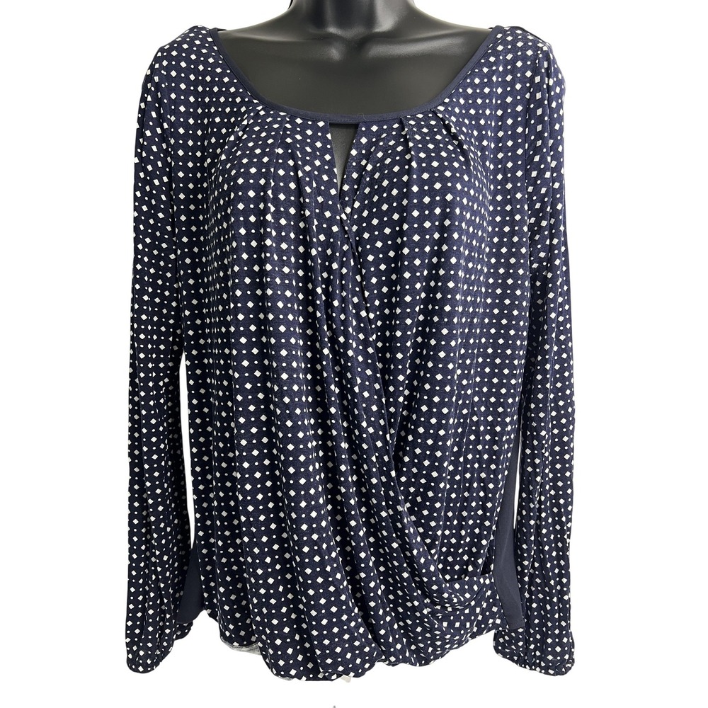 Ann Taylor Shirt Womens Small Navy Surplice Wrap Front‎ Long Sleeve Geometric